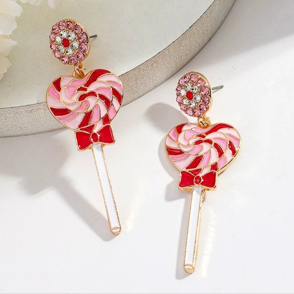 Valentine’s "Sweetheart Lollipop" Enamel & Crystal Dangle Earrings